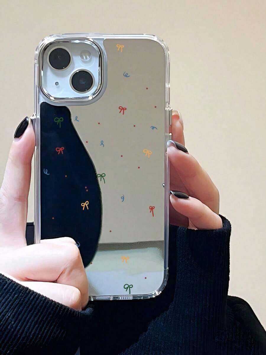 1個 ボウ、ドット、カラフルなミラー払いき携帯電話ケース、背面はミラーとして利用可能、すべてのApple携帯電話ケースモデルに適しており、Apple 11/12/13/14/15/16/Pro/Plus/Pro Max/16e携帯電話ケースに利用可能 - シルバー - チェックする 1