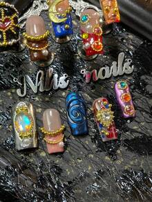 10pcs Square Nail Set,Pink& Silver&Black&Purple&Blue Nail,Red&Pink&Brown French Nails,3D Stereo Steel Ball&Moon&Chain Beads&Hearts&Colored Jewelry Nails Accessories Decorations,Hand Drawn Hearts& Spots&Geometric Patterns Design,Y2k Style Nail Art Set,Suitable For Women To Wear Daily Parties Valentine's Day& Ramadan Festival (Includes: A Piece Of Jelly Glue And A Friction Strip) - Multicolor - View 6