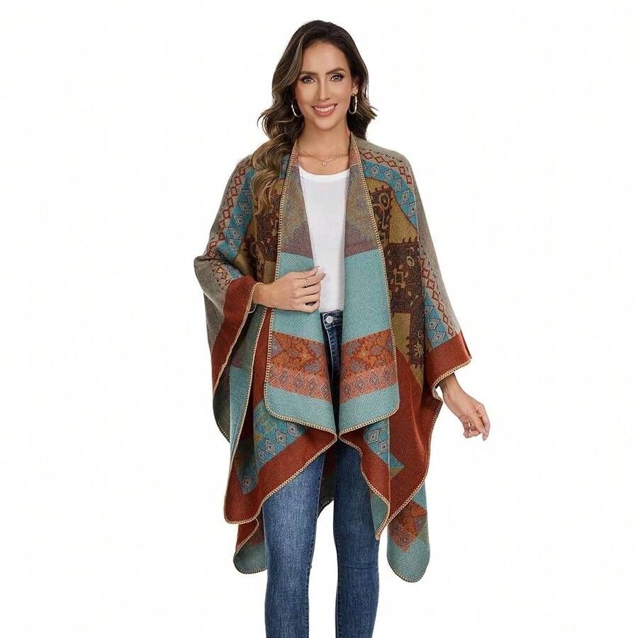 Shawl Wraps For Women, Elegant Knitted Cape Open Front Poncho Scarf Blanket Cardigan Coat For Spring, Autumn, And Winter,OrangeBlue2 - 橘藍2 - 查看 1