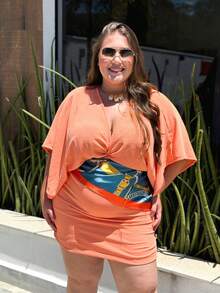 Plus Size Blouse And Skirt Set, Women's Set With Elastic Waistband, V-Neck, Wrap Style, Sizes G1 To G5 - 鮭魚 - 查看 1