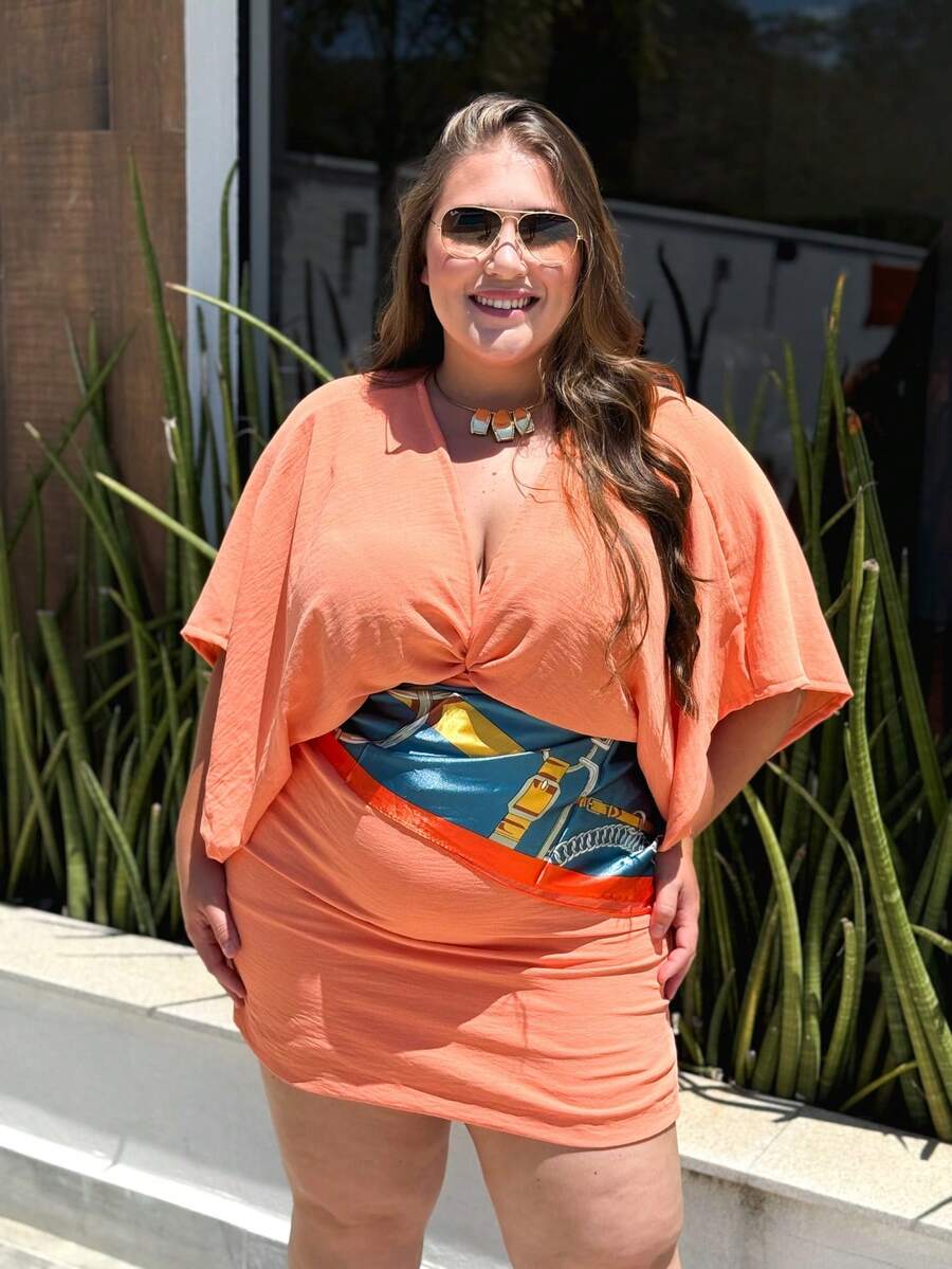 Plus Size Blouse And Skirt Set, Women's Set With Elastic Waistband, V-Neck, Wrap Style, Sizes G1 To G5 - 鮭魚 - 查看 1