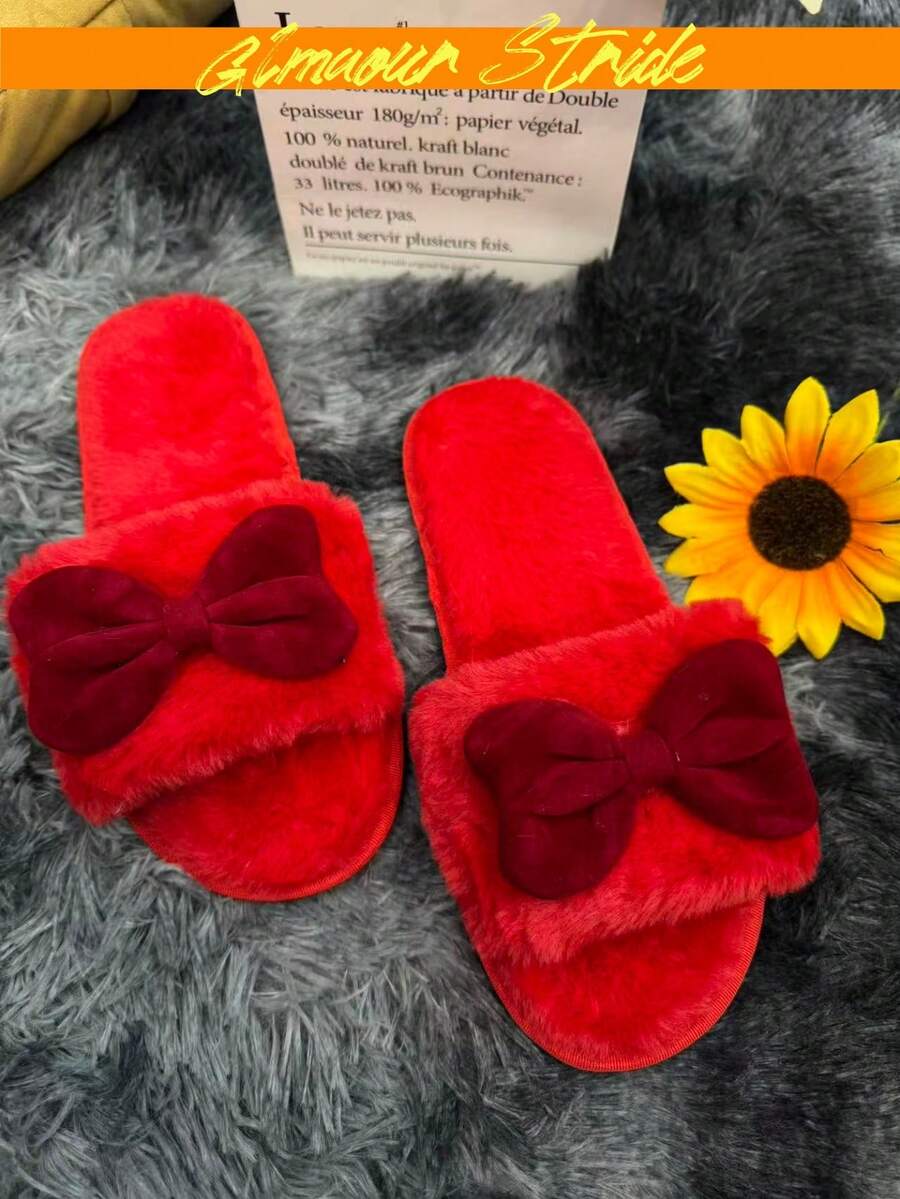 Dép bông đỏ có nơ cho nữ - Dép thoải mái dùng trong nhà và ngoài trời, dép đế bằng đa năng thời trang dùng trong nhà và phòng ngủ, dép nữ, dép Giáng sinh, dép ngày lễ năm mới, dép quà tặng. - Đỏ - Xem 1