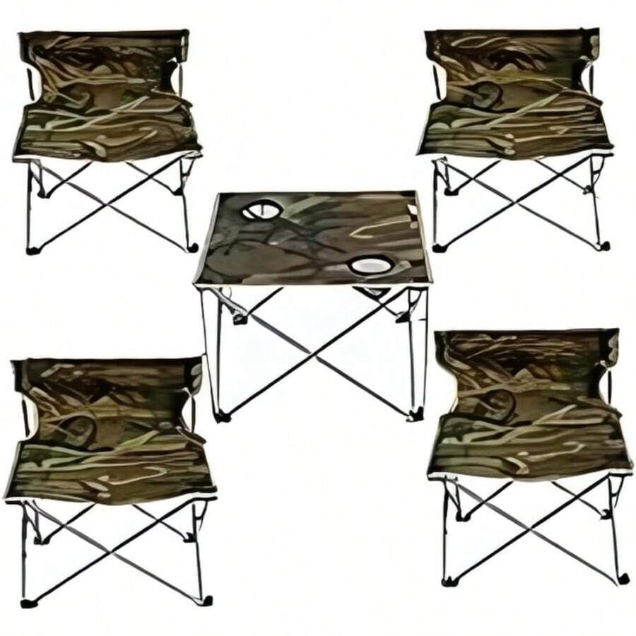 Set de 4 Sillas Plegables con 1 Mesa Portátil para Camping Juego de Muebles de Exterior Compacto y Ligero Ideal para Playa Picnic Jardín o Excursiones Militar - como en la foto - Ver 1
