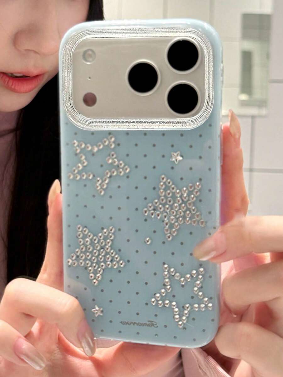 Cute Polka Dot Rhinestone Star Glossy Protective Phone Case, Suitable For IPhone 17 Pro Max/17 Pro/17/16/15/14/13 Pro Max, Shock-Resistant Frame And Back Cover, Gift Packaging - Baby Blue - View 1