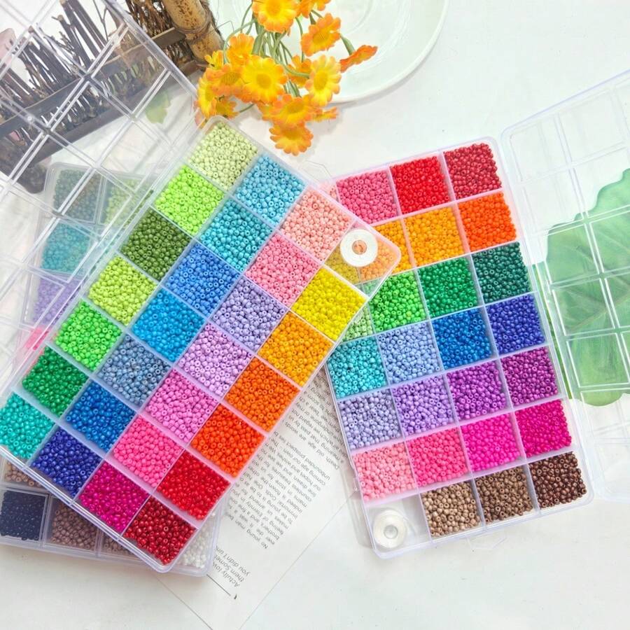 1 caja de 28 colores de cuentas de vidrio minimalistas y brillantes de moda, cuentas de varios tamaños de 3mm para hacer joyas DIY, collares, pulseras, móviles, borlas y manualidades - Perlas de arroz de 3 mm - Ver 1