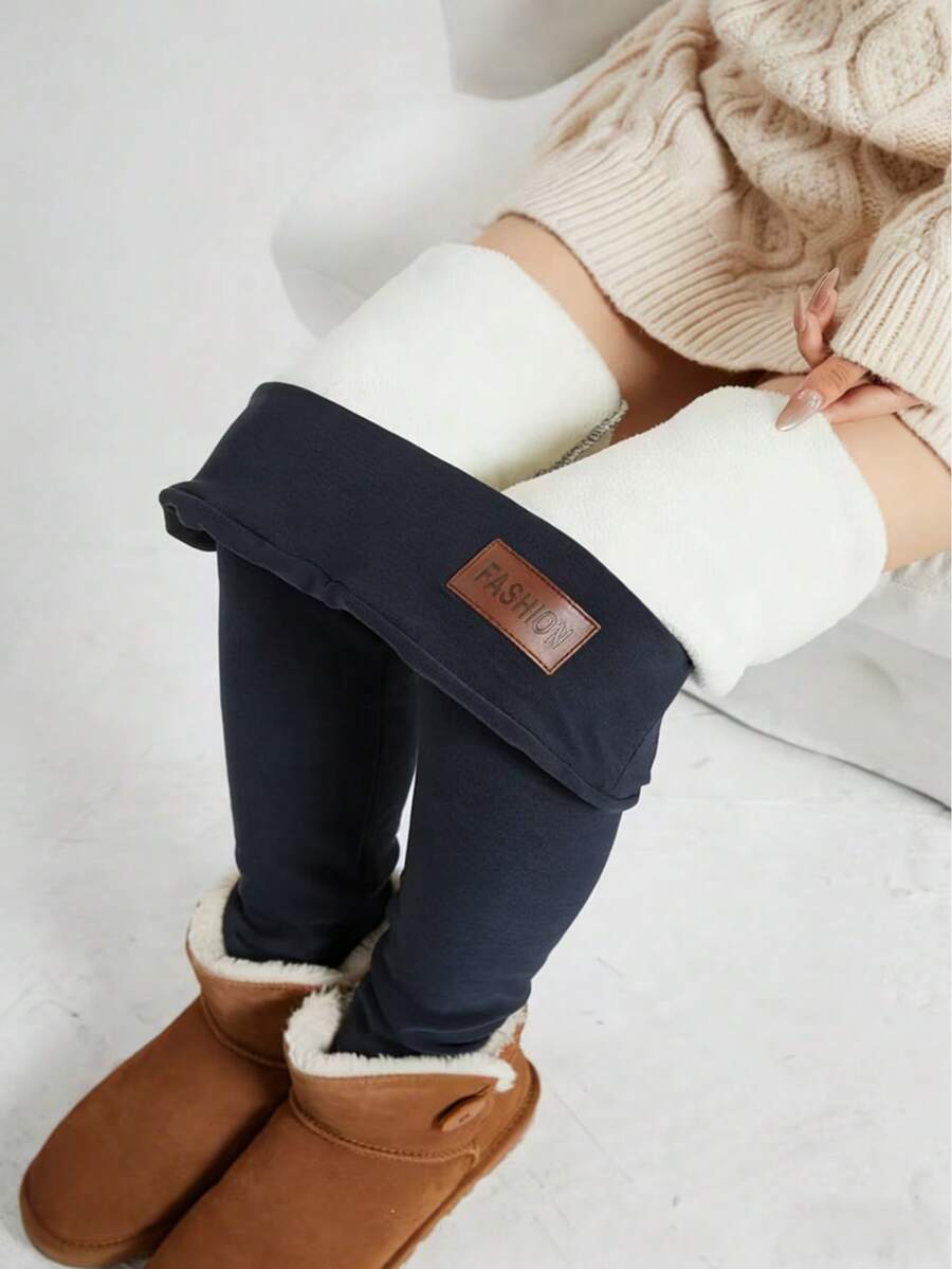 Women's Autumn And Winter Fleece Warm Leggings, Solid Color, High-Stretch Tights, Suitable For Yoga Fitness, Outdoor Running, And Everyday Use - 藍色 - 查看 1