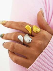 2pcs/1pc Minimalist Gold Stainless Steel Rings, Metallic Texture, Geometric Design Rings For Women, Suitable For Daily Wear - Multicolor - View 3