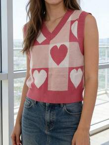 Womens Heart Checkered Vest Sweater Stylish V Neck Sleeveless Crop Knit Tops For Daily Office Party - 粉色 - 查看 2