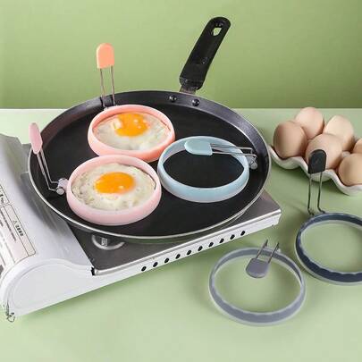 2-Color Silicone Egg Rings With Handle, Non-Stick Egg Mold, Multi-Purpose Egg Pancake Mold, Suitable For Cooking Kitchen Breakfast Tools, Easy To Clean And Foldable For Storage
