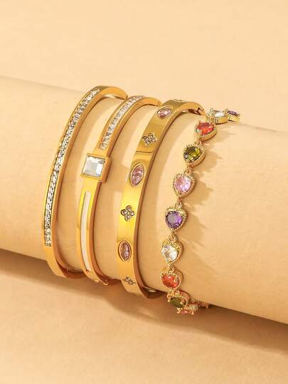 Luxury Gold-Plated Rhinestone Bracelet Set, Heart-Shaped Colorful Gems + Minimalist Sparkling Design Jewelry For Women