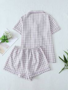 2-Piece Women's Pajama Set With Checkered Bow Print, Cute Sleepwear Set, Short-Sleeved Button-Down Top With Pocket And Comfortable Shorts - 紫色 - 查看 4