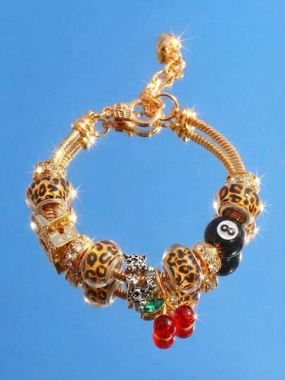 1 Piece Of Teen Leopard Print Cherry 8-Ball Pool Pendant Bracelet, Vintage Style Beaded Bracelet