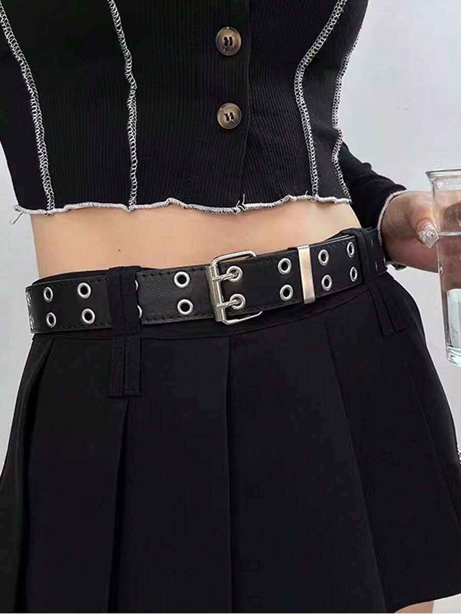 1条男女通用朋克风双孔透气扣腰带，PU皮革材质，适合搭配牛仔裤、连衣裙、休闲裤，女士真皮腰带，金属扣。 - 黑色 - 查看 1