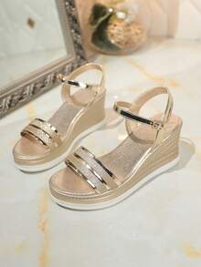 Summer Thick-Sole Sandals For Teenagers, Woven Strap Design, Roman-Style Platform Heel, Gold Strap Decor, Bohemian Style, Open Toe, Elastic Ankle Strap, Breathable & Comfortable, Casual Elegant Flat Sandals - Gold - View 2