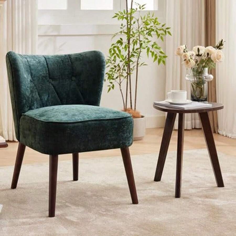 Sillón moderno con respaldo alto, sin brazos, con patas de madera, tapizado, para tocador, tapizado en tela, cómodo y con respaldo decorativo para sala de estar y comedor. - Verde militar - Ver 1