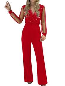 Bộ jumpsuit lưới đính sequin đen gợi cảm dành cho nữ, cổ chữ V sâu, kiểu dáng thanh lịch mùa xuân. - Đỏ - Xem 8