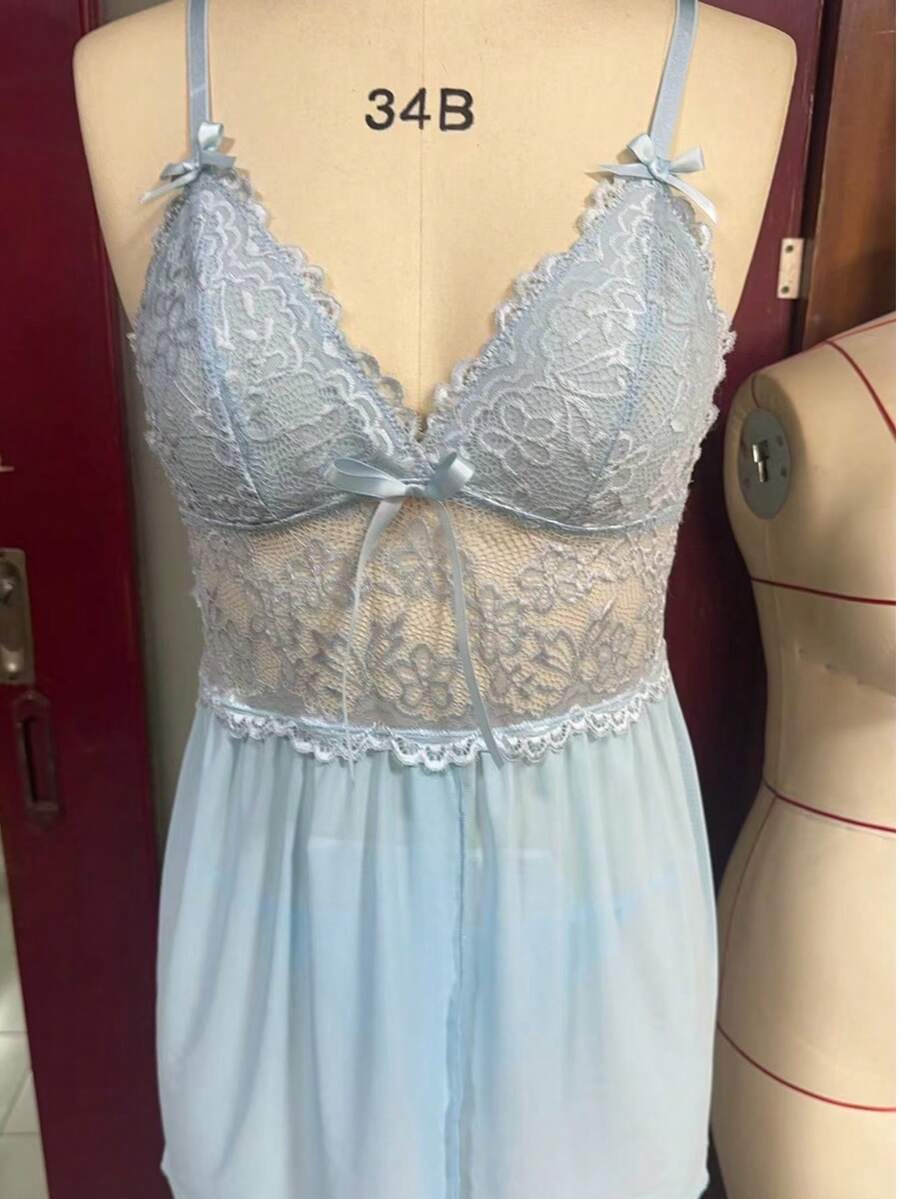 Sexy Lingerie. Light Blue Lace Nightgown. - Baby Blue - View 1
