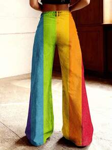 Women'S High-Waisted Wide Leg Pants - Stretchy Non-See-Through Trousers With Rainbow Stripes (, Green, Yellow, Orange, Pink, Purple - 彩色 - 查看 3