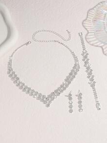 4pcs Luxury Rhinestone Geometric Double Layer Necklace, Earrings, Bracelet Jewelry Set, Elegant Fashion Accessories Suitable For Women's Daily Commute, Wedding, Party - Silver - View 3