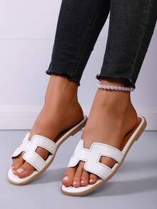 女士休闲纯色露趾平底凉鞋，夏季百搭