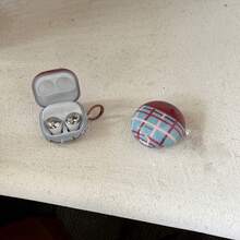 Retro Blue & Brown Plaid Earphone Case With Hanging Loop, Compatible With Huawei Freebuds 7i, Freebuds 2, Freebuds SE 3, Freebuds 5i, Galaxy Buds Pro 3 - Brown - View 2