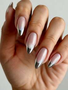 VV MEI JIA ER Bộ 24 miếng dán móng tay hình mắt mèo màu nude, miếng dán móng tay kiểu Pháp màu bạc bóng với lớp phủ UV, móng giả hình hạnh nhân đầy đặn, móng giả dán sáng bóng dành cho phụ nữ và bé gái, kèm theo 1 băng dính và 1 dũa móng tay. - Nhiều màu - Xem 2