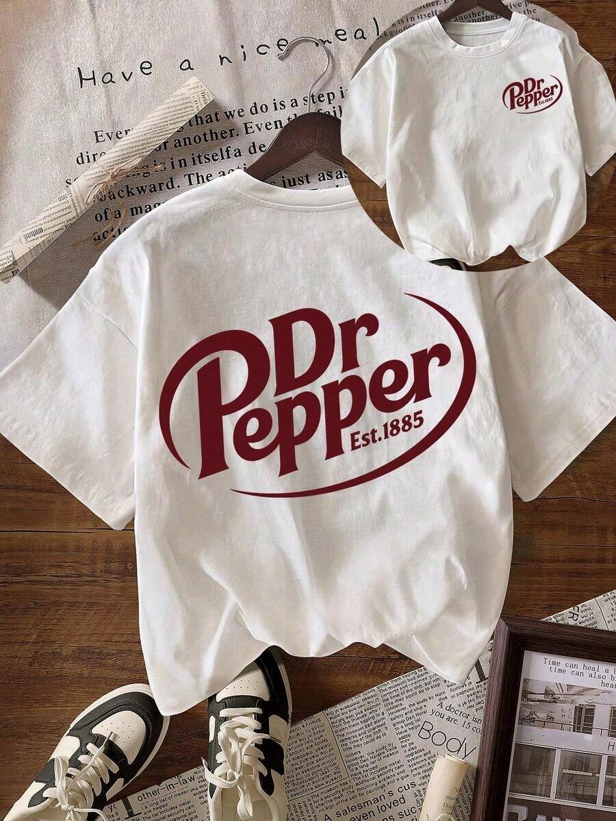 Women Vintage Soda Logo Print Crew Neck T-Shirt, Loose Drop Shoulder Short Sleeve Top, All Season Streetwear Casual Tee For Spring & Summer - 白色 - 查看 1