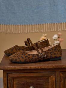 女士时尚方头豹纹玛丽珍芭蕾舞鞋，适合日常通勤、办公、派对、约会等场合，休闲百搭的平底鞋，双绑带设计 - 豹紋 - 查看 4