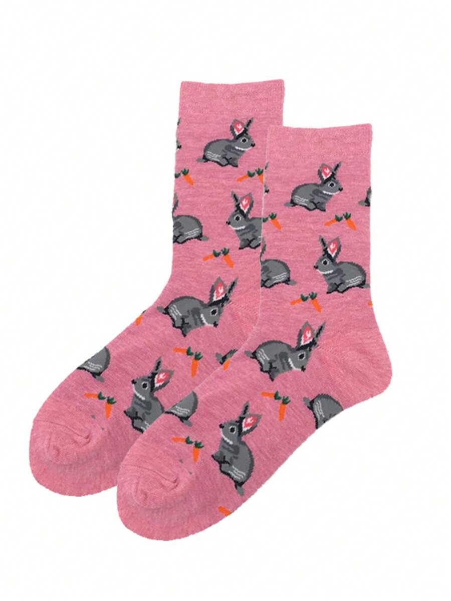 1 Pair Unisex Fashionable & Comfortable Gray Rabbit Mid-Calf Socks - Multicolor - View 1