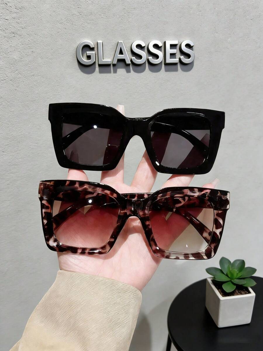 2副女士黑色豹纹方形时尚眼镜，PC材质，Y2K配饰，女士服装，服装，旅行，季节精选，万圣节精选，时尚眼镜，太阳镜，女士，适合派对、夏季、返校季、海滩派对、街头服饰、自拍、假日等场合。 - A - 查看 1