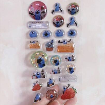 日本治愈系蓝色毛绒娃娃贴纸，剪贴簿装饰贴纸，DIY手工材料