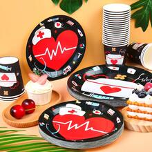 一套一次性护士帽主题餐具，7/9英寸派对餐盘，一次性纸盘和纸杯，适用于节日、婚礼、订婚、生日、派对、庆祝活动 - 彩色 - 查看 3