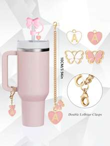 Conjunto de 3 peças de protetores de canudo rosa, com 26 letras do alfabeto disponíveis, protetores de canudo criativos com estampa de sakura, protetores de canudo de silicone reutilizáveis, capas protetoras contra respingos e poeira, acessórios portáteis e fáceis de limpar para canudos de copos térmicos, protetores de canudo com flores de 10 mm de diâmetro, protetores de canudo para copos de vidro, protetor de canudo fofo com estampa de flor (protetor de canudo + pingente de letra + pingente de colar com letra) - Conjunto rosa de 3 peças - Ver 3