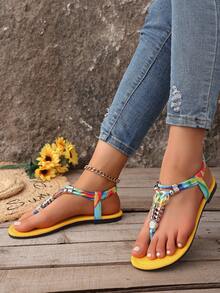 女士夏季纯色串珠人字拖松紧带平底凉鞋，波西米亚风时尚百搭休闲沙滩度假凉鞋 - 七彩黃 - 查看 5