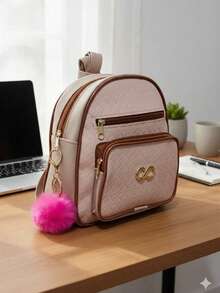 Women's Small Casual Backpack With Pockets + Pompom Keychain. Immediate Delivery. - Ivory - View 2