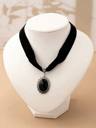 1 pieza Gargantilla de terciopelo negro ovalada y asimétrica de estilo gótico vintage, adecuada para vacaciones, fiestas y uso diario