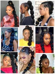 合成抽绳马尾接发泡泡辫长灯笼假发编织马尾带发圈合成假发适合女性日常佩戴和聚会 - 彩色 - 查看 7