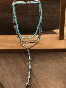 3件套复古西部风格串珠绿松石水滴Y型项链套装，质朴珍珠表面纹理3件套项链，时尚女士首饰，可调节波西米亚风串珠项链，CCB串珠配饰，锌合金材质，适合日常及节日场合佩戴 - 綠松石色 - 查看 2