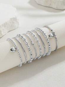 8piece Personalized Simple Silver CCB Beaded Alloy Love Pendant Elastic Line Women's Bracelet Set Suitable For Valentine's Day Gift Mother's Day Gift,Mom,Mother,Mother's Day,Gift - 銀色 - 查看 7