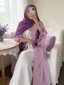 1 chiếc Abaya thêu sang trọng màu tím, kiểu dáng thời trang thường ngày, dáng dài mở phía trước, thích hợp cho các bữa tiệc, sự kiện, kỳ nghỉ. - Màu tím - Xem 5