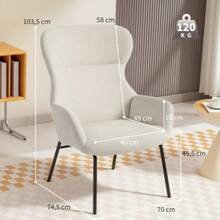 Poltrona estofada moderna estilo wingback, encosto alto, estofamento espesso, pés de aço, branco creme - Bege - Ver 2