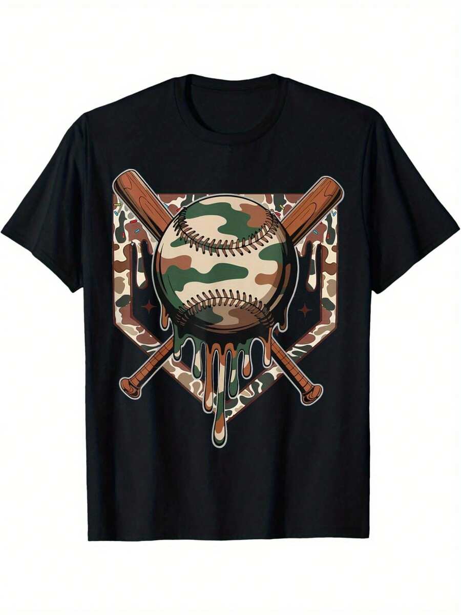 Baseball Drip For Boys Ice Cream Dripping Boys Baseball Camo T-Shirt - 黑色 - 查看 1