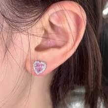 925 纯银粉色心形耳钉，镶嵌闪亮方晶锆石，简约设计，适合女性日常佩戴 - 銀色 - 查看 8