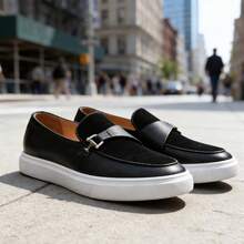 Men's Slip-On Loafers With Buckle Decor, Solid Color Round Toe, Thick Sole, Casual Flat Shoes, Minimalist Style, Suitable For Daily Wear And Streetwear, All Season, Black PU Leather - Black - View 7