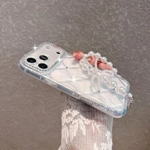 透明水鑽手機殼附仿珍珠腕帶，適用 18 Pro Max/18 Pro/18/17 Pro Max/17 Pro/17 Air/17/16 Pro Max/16/16 Pro/16 Plus/16e/15/15 Pro Max/15 Pro/15 Plus/11/12/13/14 Pro Max/11 Pro/11 Pro Max/12 Pro/12 Pro Max/13 Pro/13 Pro Max/7 Plus/14 Pro/14 Pro Max/14 Plus，軟殼極簡創意款 - 透明+珍珠手繩 - 查看 3