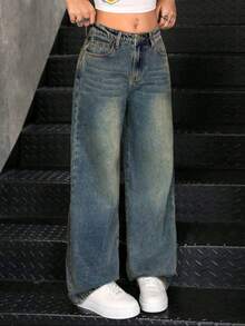 Vaqueros cómodos y favorecedores de pierna recta y ancha para mujer, pantalones de mujer, pantalones de mezclilla mujer, pantalón mezclilla mujer, pantalones de dama mezclilla, pantalones baggy, pantalones olgados para mujer, baggy jeans mujer, ropa vaquera de mujer, adecuados para ir al trabajo, al colegio y para llevar a diario conjuntos de mujer. - Azul - Ver 5