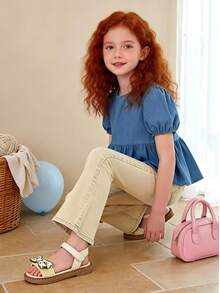 儿童花卉图案蝴蝶结装饰仿皮和布料防滑露趾可调节踝带平底凉鞋，清新甜美可爱休闲，适合夏季野餐和日常穿着 - 米色 - 查看 10