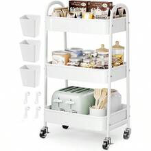 3 Tier Rolling Cart Metal With Wheels, Heavy Duty White Three Tiered Cart Organizer On Wheels, Utility Roller Storage Carts Art, Nursery, Diaper Caddy, Snack, Book, Nail, Cleaning Supplies - Pure White + 3 Tier+Cups+Hooks - View 1
