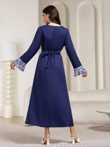 Patchwork Tassel Waist Belt Casual Dress, Suitable For Vacation, Holidays, Spring & Autumn - Navy Blue - View 2