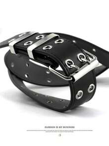 1pc Unisex Punk Style Double Hole Breathable Buckle Belt, PU Leather Belt Suitable For Jeans, Dresses, Pants, Women Real Leather Waist Belt With Metal Buckle - Black - View 10